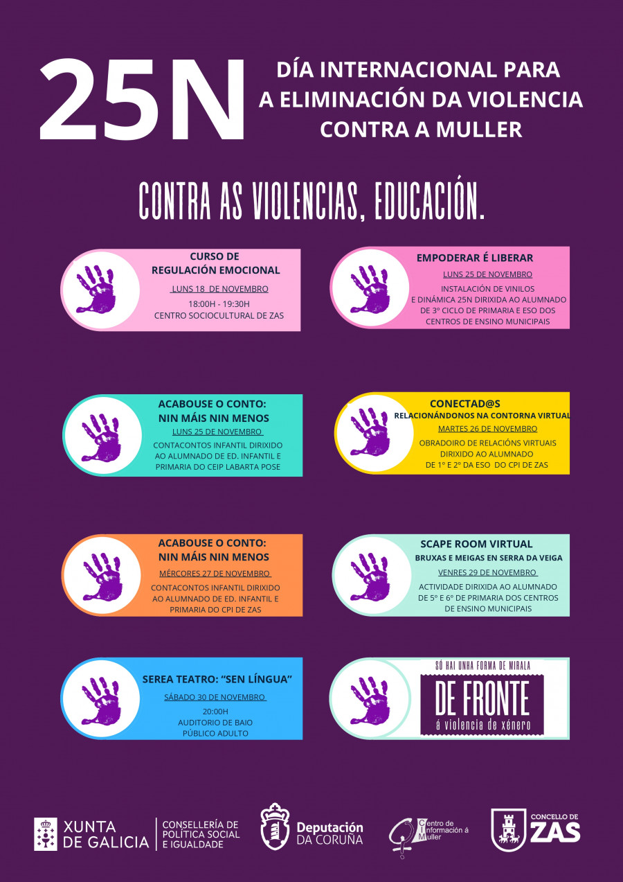 Zas conmemora el 25N con un amplio programa bajo el lema ‘Contra as violencias, educación’